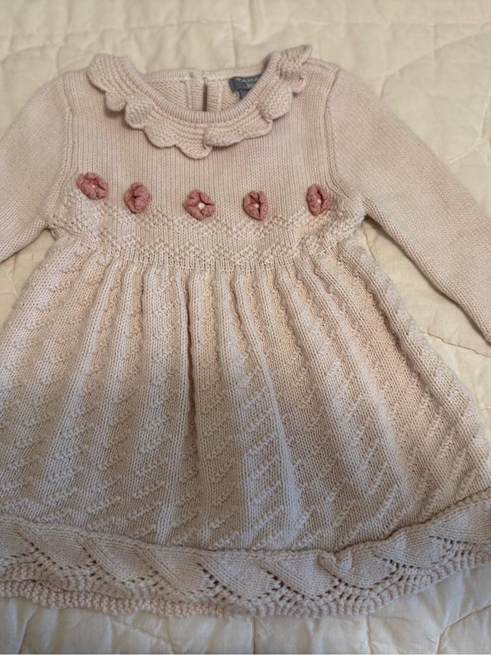 Girls' Blush Pink Knit Dress with Rose Appliqués